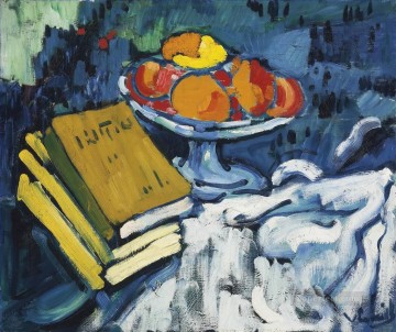 Mauricio de Vlaminck Painting - Bodegón con libros y frutero Maurice de Vlaminck